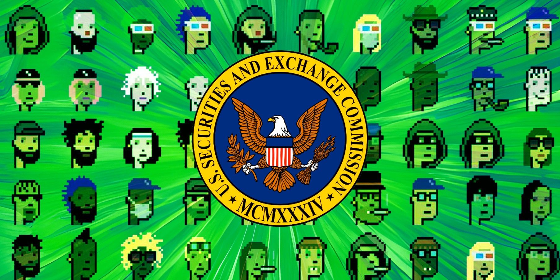 SEC logo over Cryptopunks collection, green starburst background