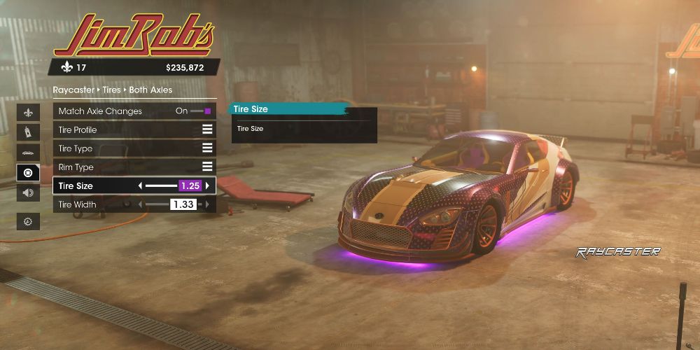 A Raycaster's customized tires are displayed in Saints Row