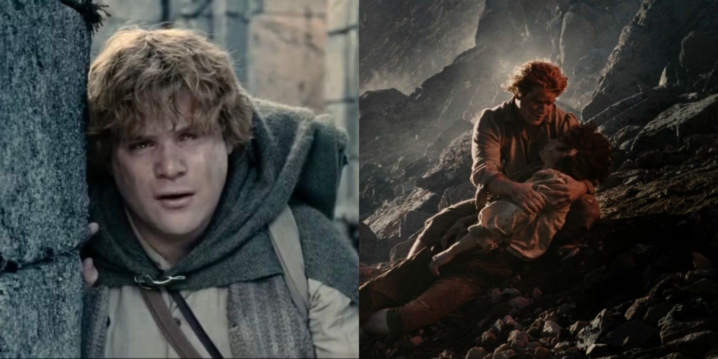 A split image showing Sam and Sam holding Frodo in The Lord of the Rings