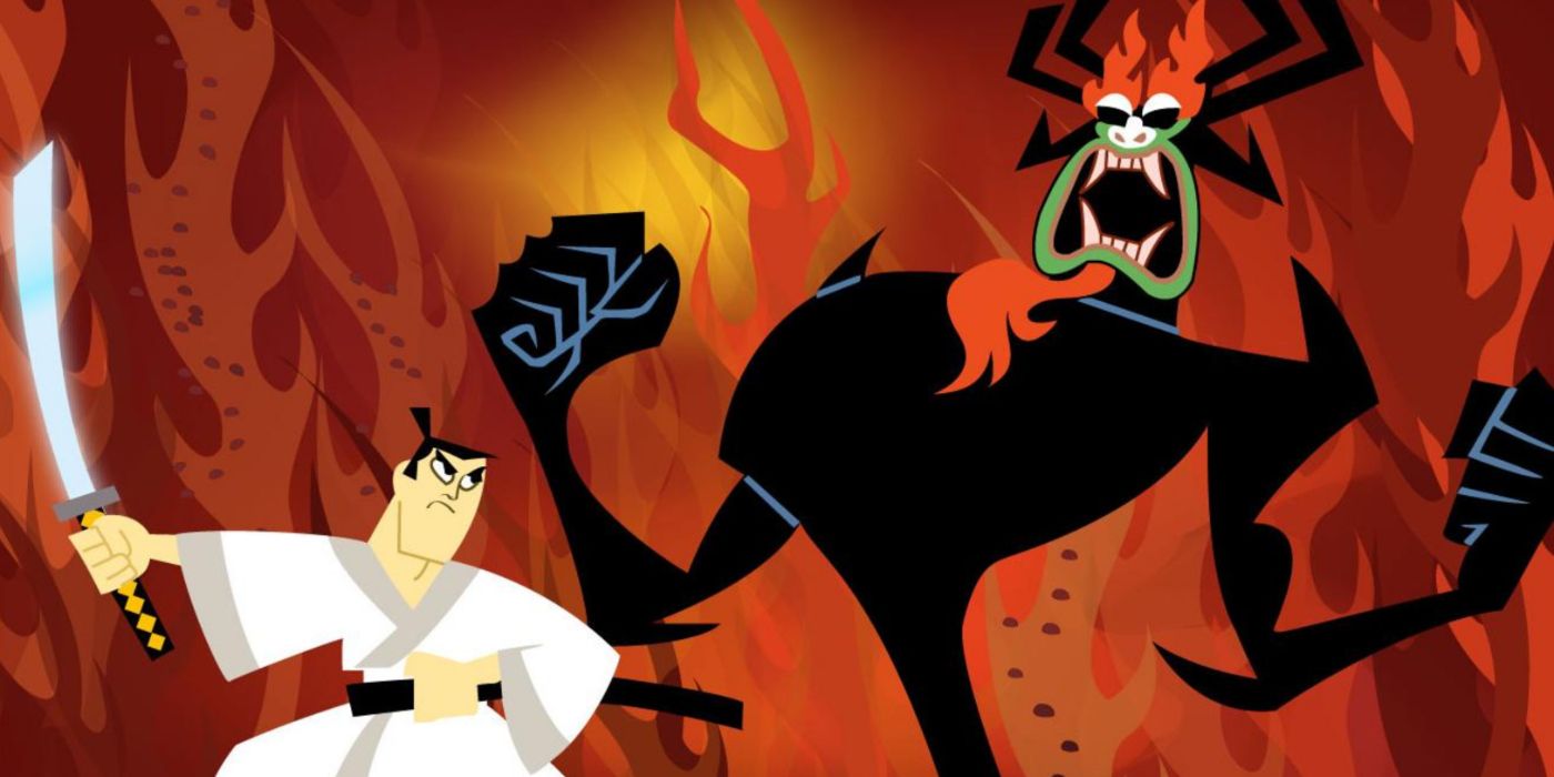 Arte promocional de Samurai Jack com Jack lutando contra o lorde demônio Aku.