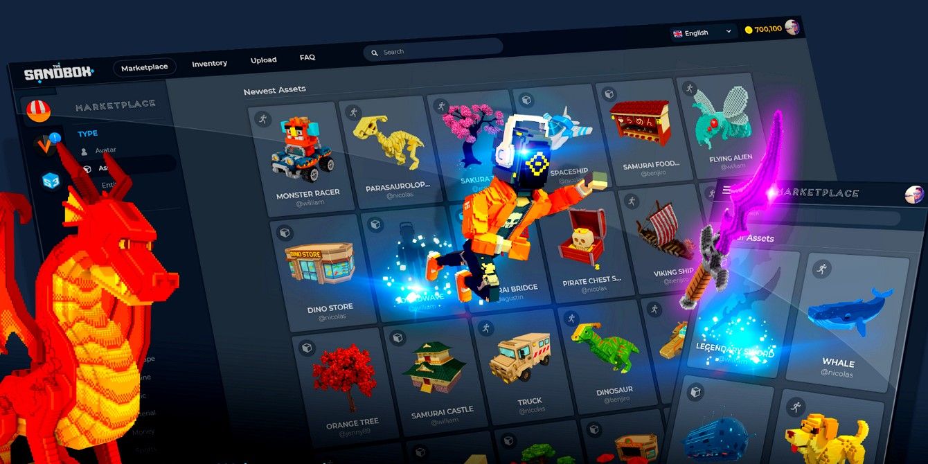 Marketplace interface from The Sandbox with dragon on the left, virtual character popping out of the screen and glowing purple fantasy sword on the right