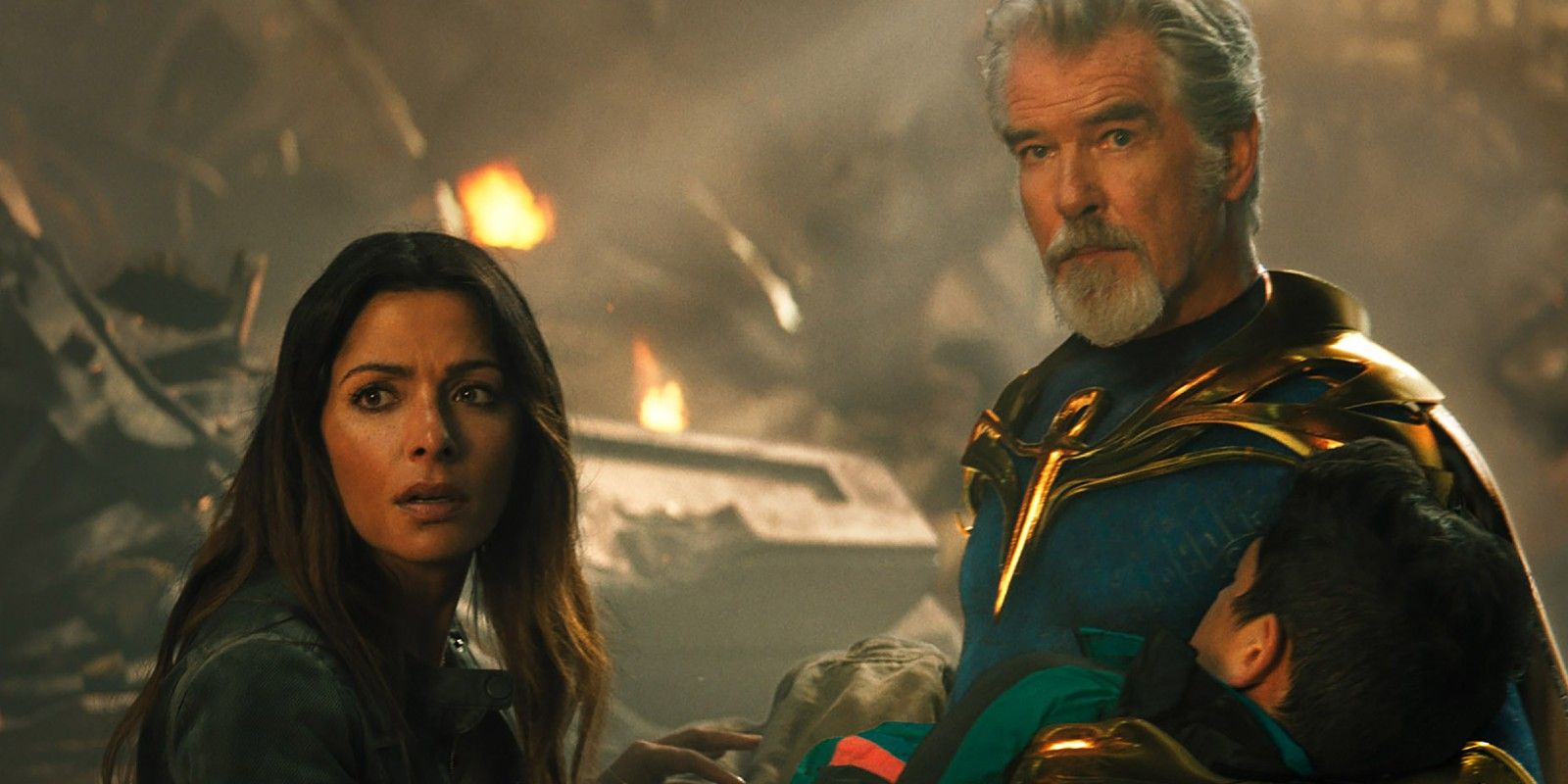 Sarah Shahi amd Pierce Brosnan in Black Adam