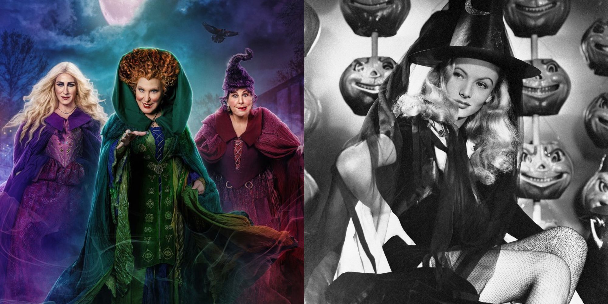 Split image showing the Sanderson sisters in Hocus Pocus 2 and Jennifer in I Married A Witch