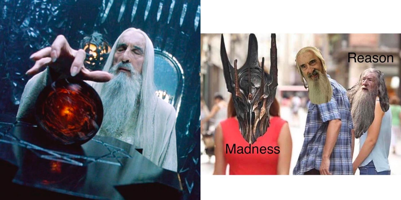 A split image showing Saruman and a meme about Lord of the Rings