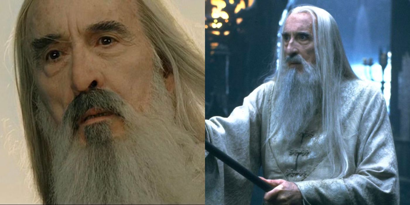 A split image showing Saruman from Lord of the Rings