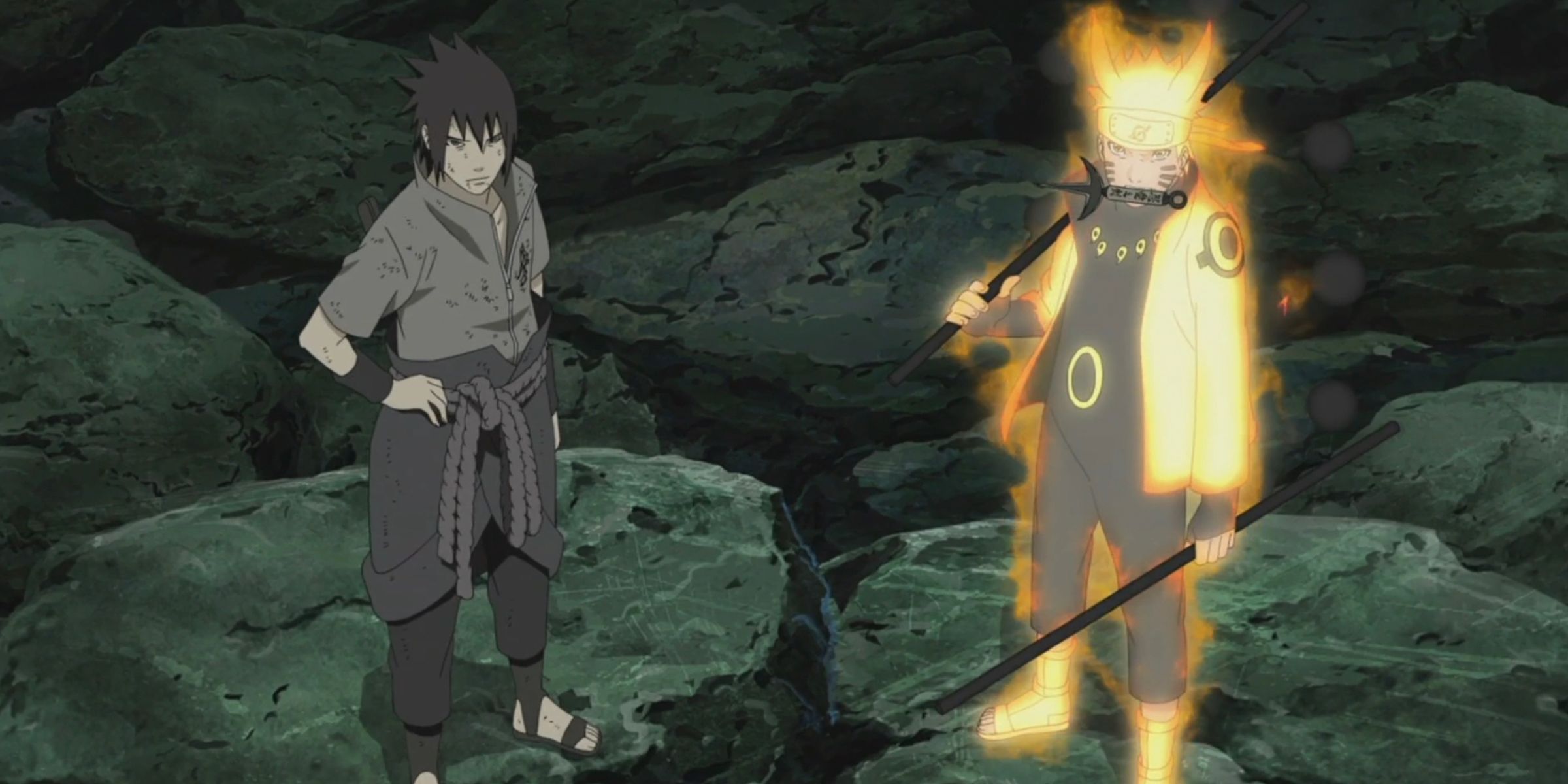 Sasuke and Naruto standing on the rocks in Naruto Shippuden episode To Rise Up