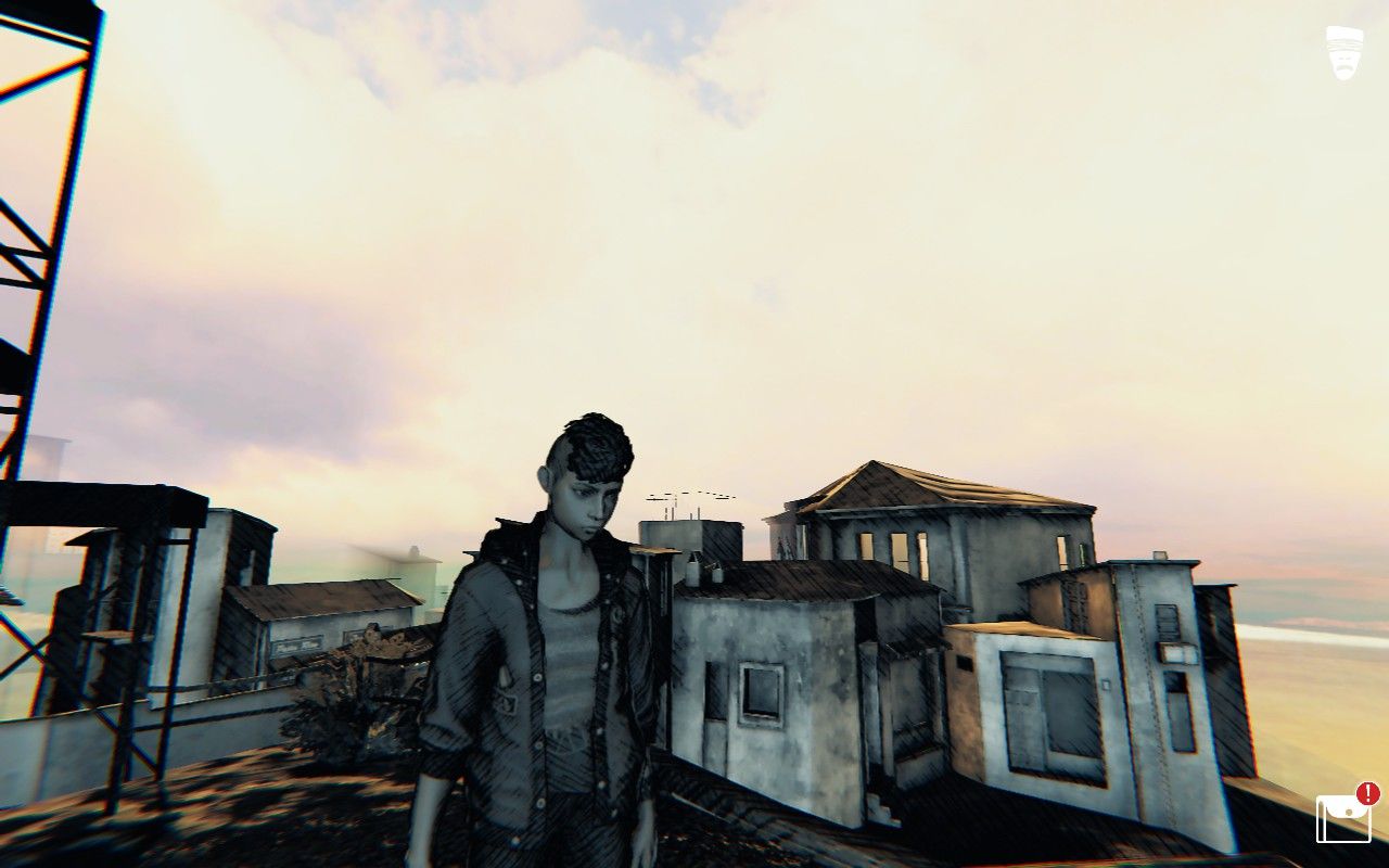 Claudia from survival horror game Saturnalia stands before a brightly lit town.