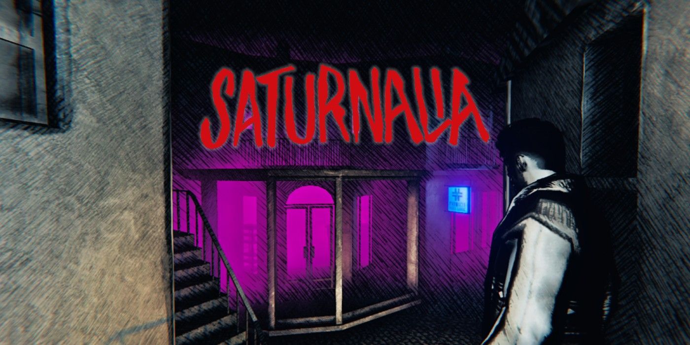 Paul, a character from Saturnalia, stands looking toward an oddly-lit building, with the Saturnalia logo superimposed over the top.