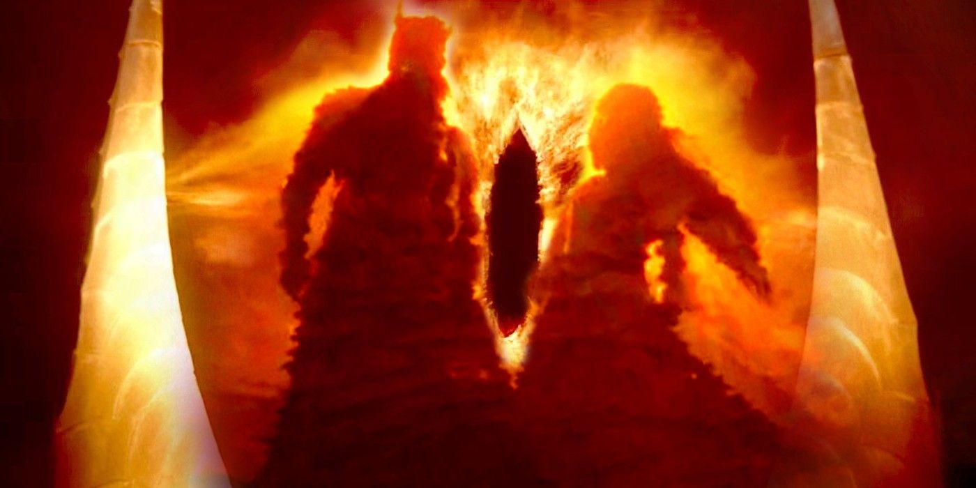 Sauron and Galadriel in The Rings of Power in front of the Eye of Sauron