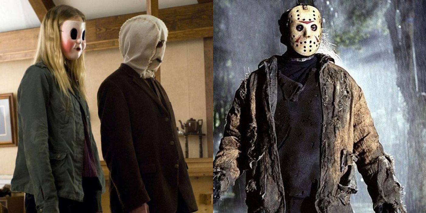 Split image of two masked intruders in The Strangers and Jason Voorhees in his hockey mask in Friday the 13th