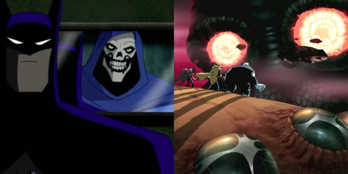 A two-image collage from Justice League. On the left, Doctor Destiny sneaks up behind Batman. On the right, the god Ichthultu stares down at the League with luminous eyes.