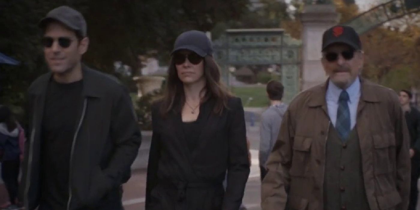 Scott Lang, Hope van Dyne, and Hank Pym with hats and sunglasses