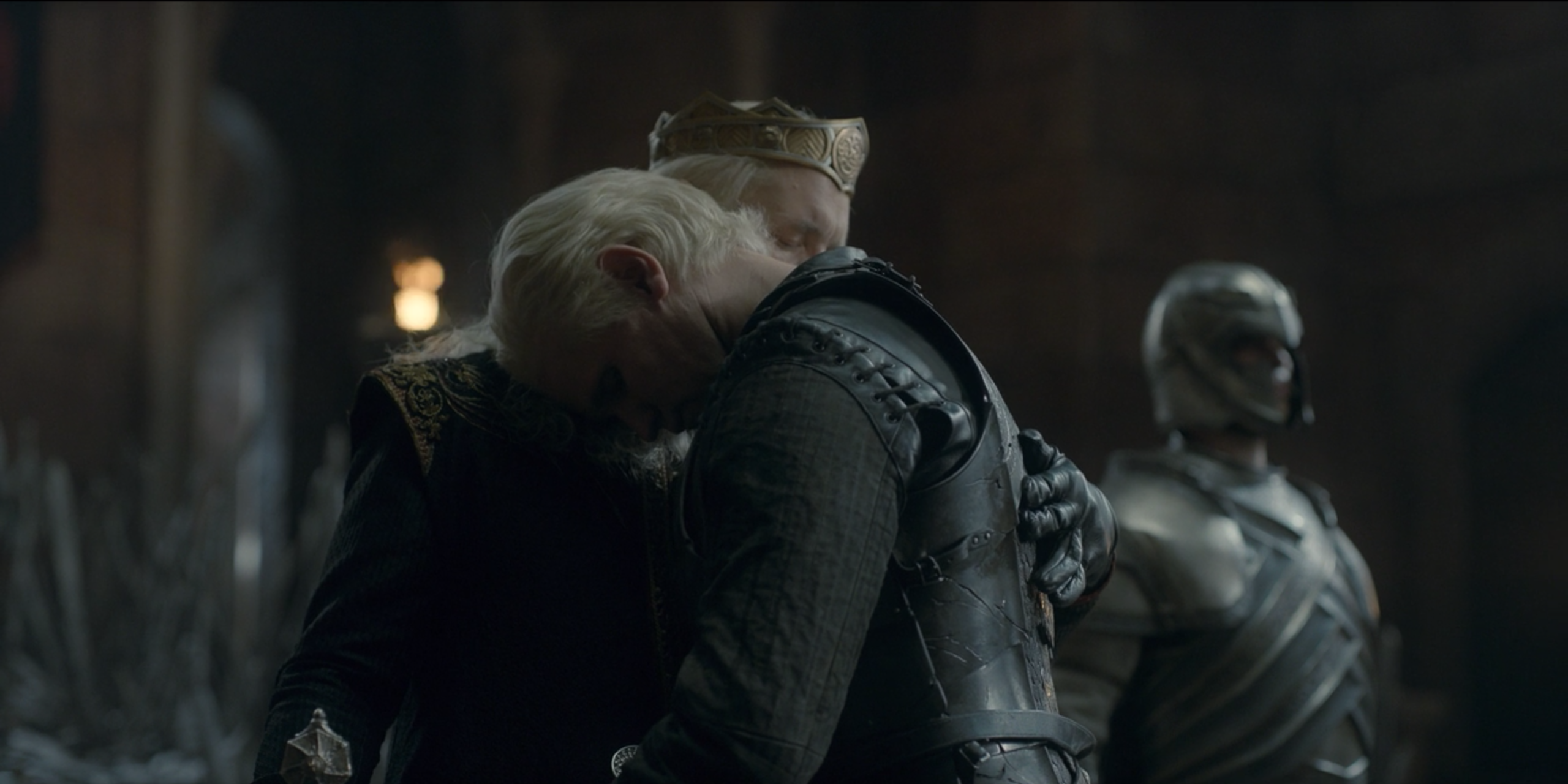 Viserys hugs Daemon, accepting him back at court on House of the Dragon
