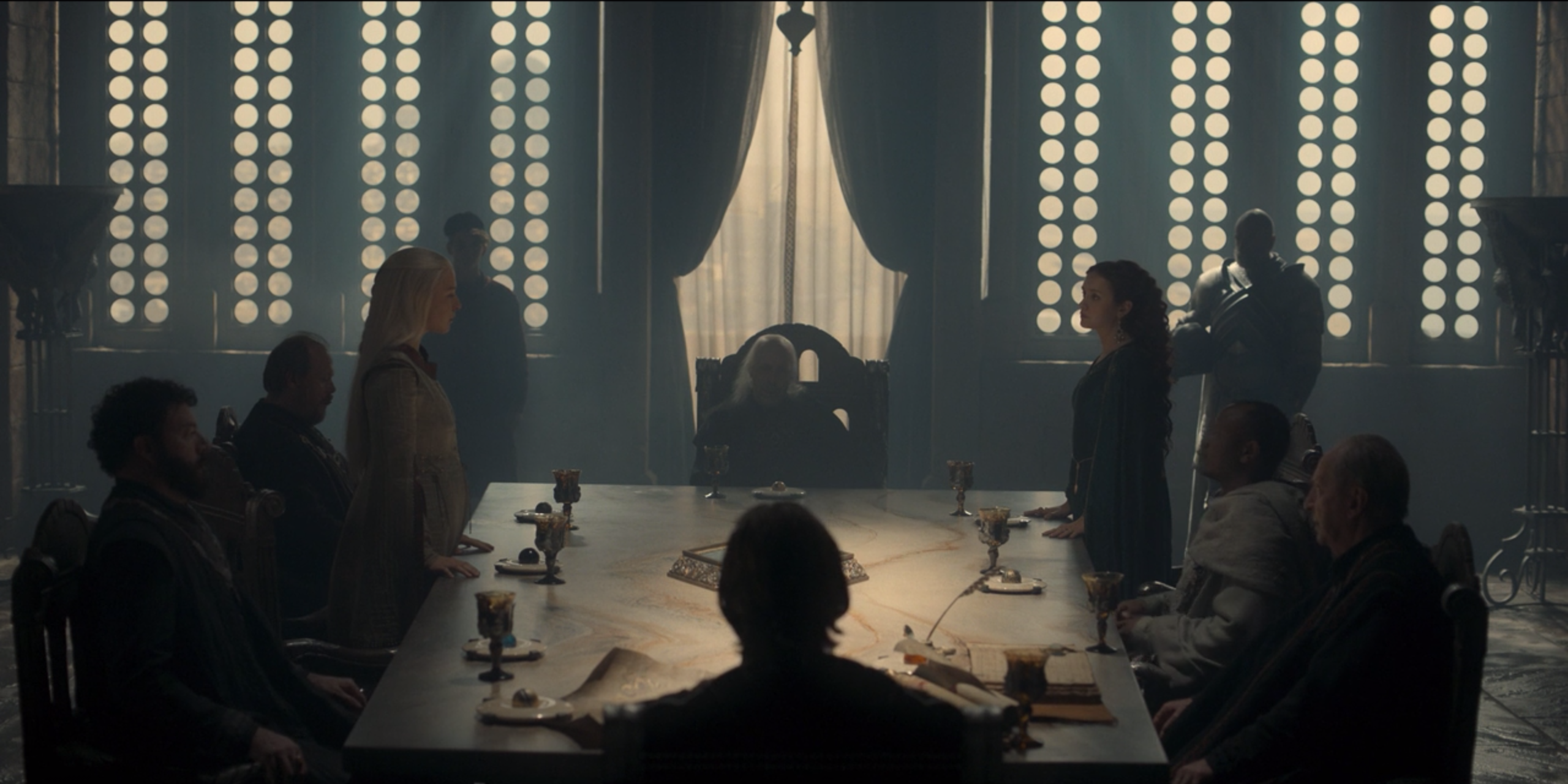 Viserys&rsquo;s Small Council, where Rhaenyra and Alicent stand on either side of the King in House of the Dragon