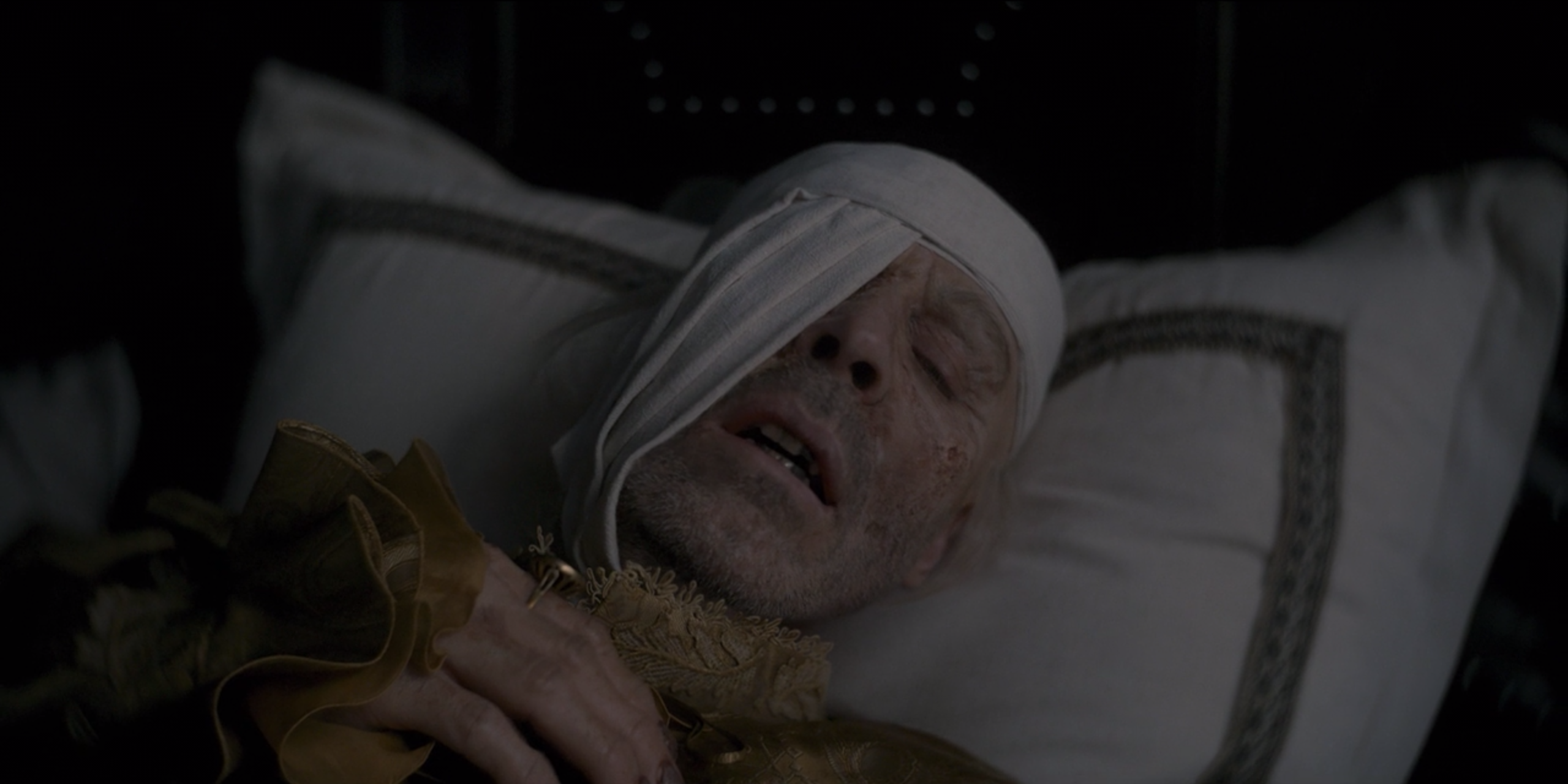 Viserys, drugged and bedbound from his failing health, on House of the Dragon