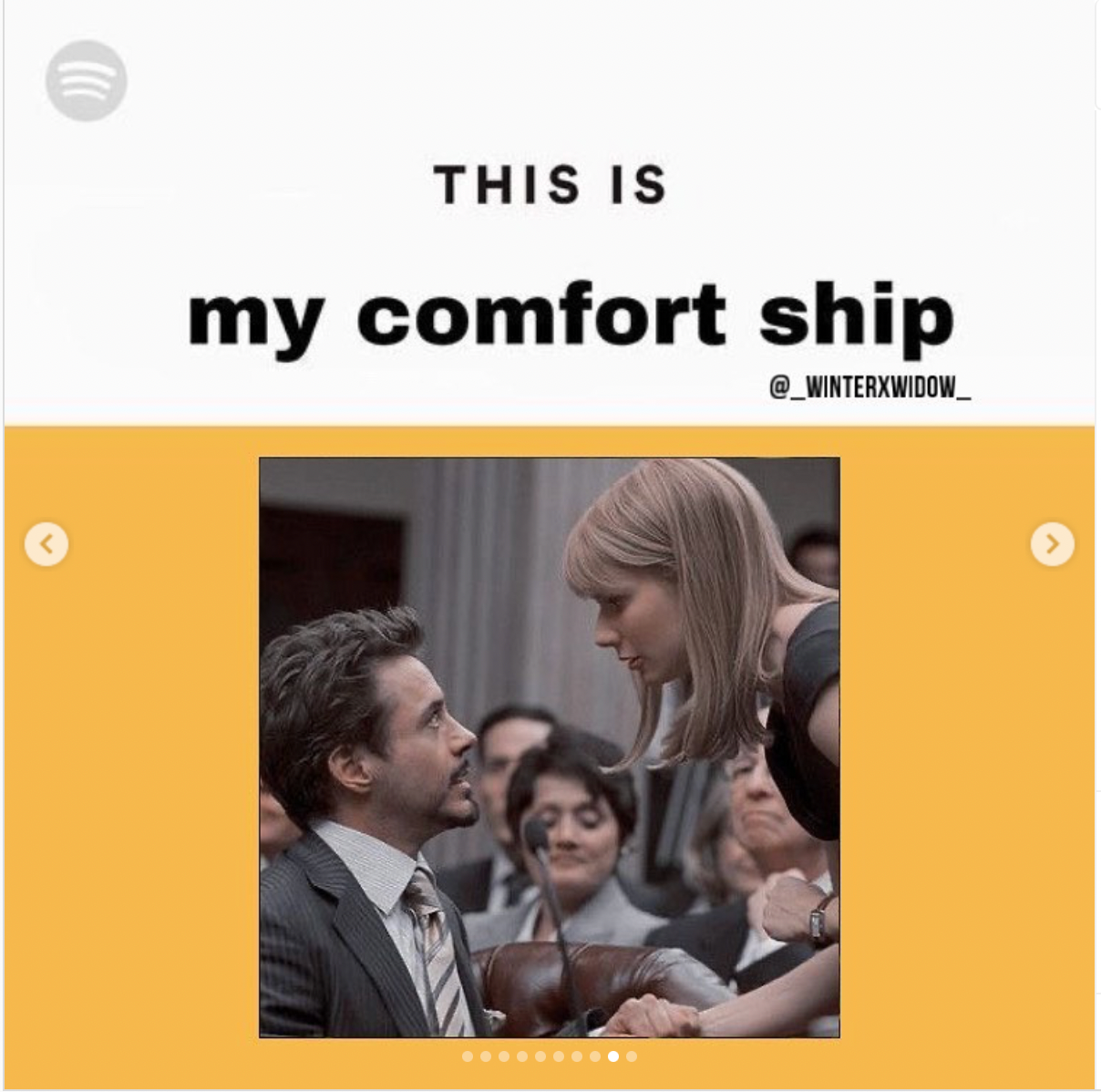 Tony Stark and Pepper Potts are labelled a poster's 'comfort ship' in front of a yellow background.