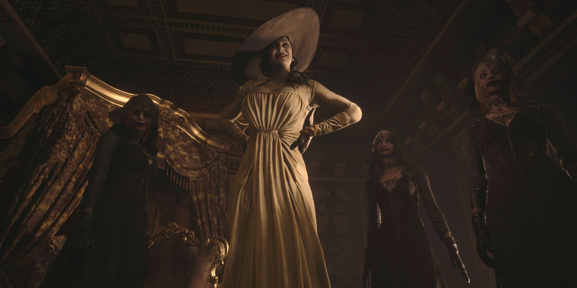 Lady Dimitrescu towers over the player in Resident Evil Village 
