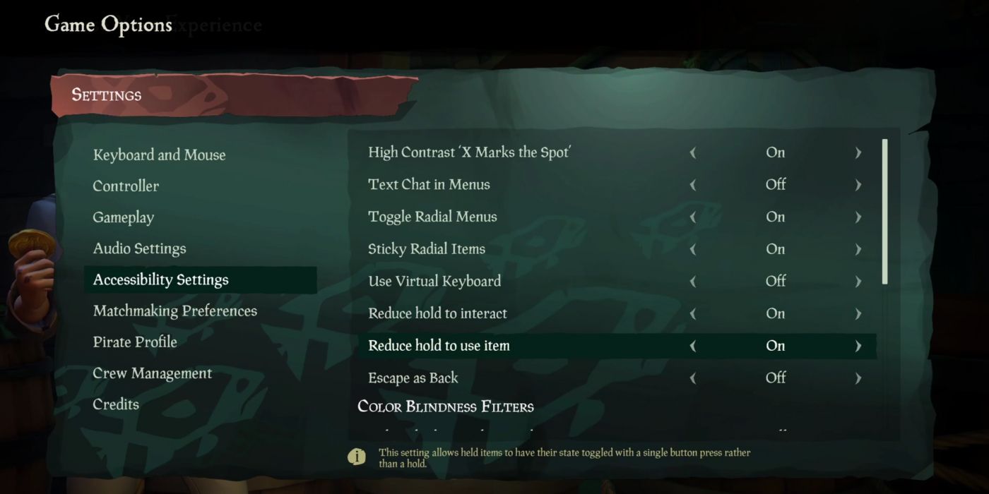 Sea of Thieves' accessibilty menu, offering multiple options