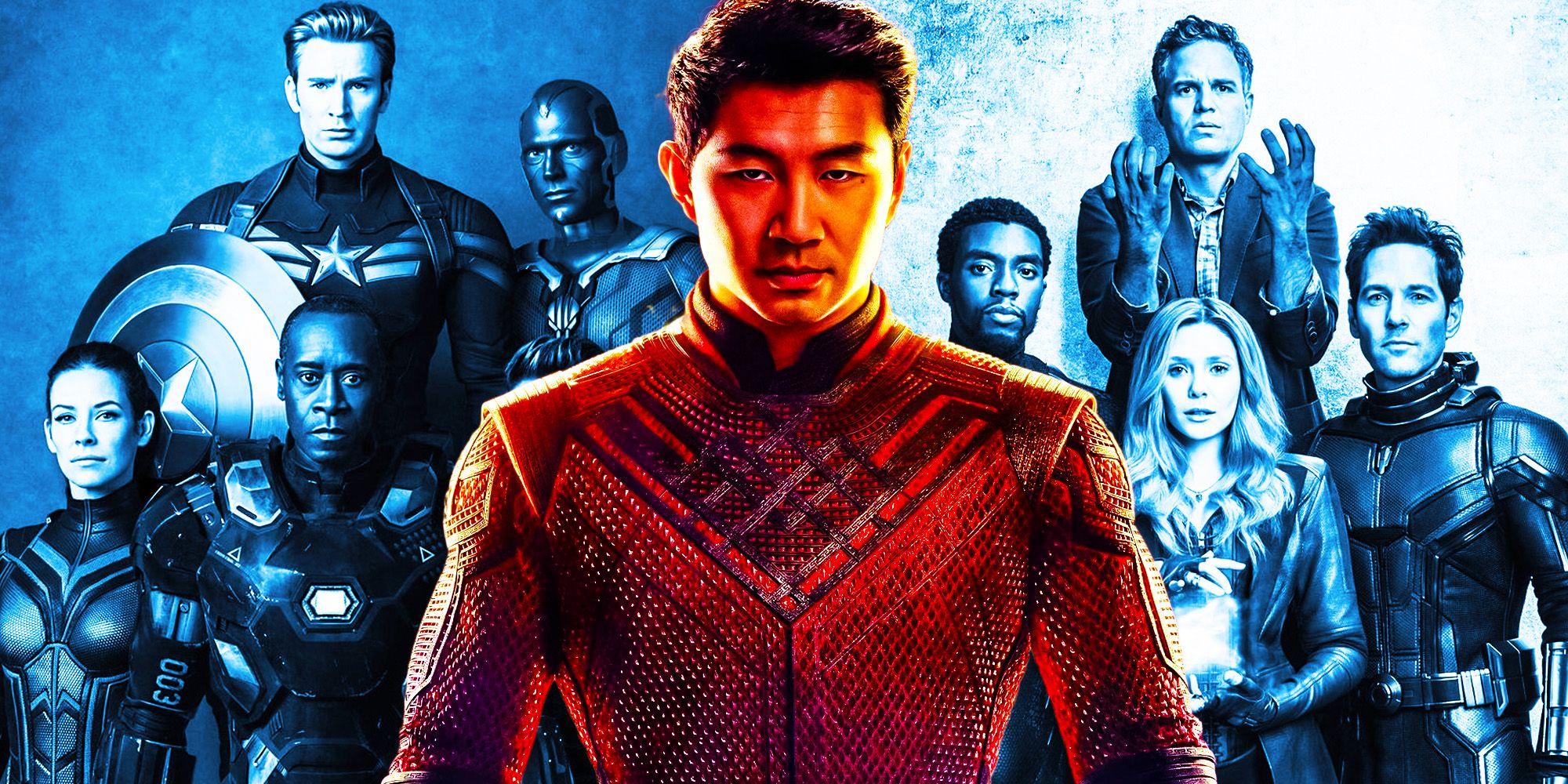 Shang-Chi in front of the old Infinity Saga Avengers
