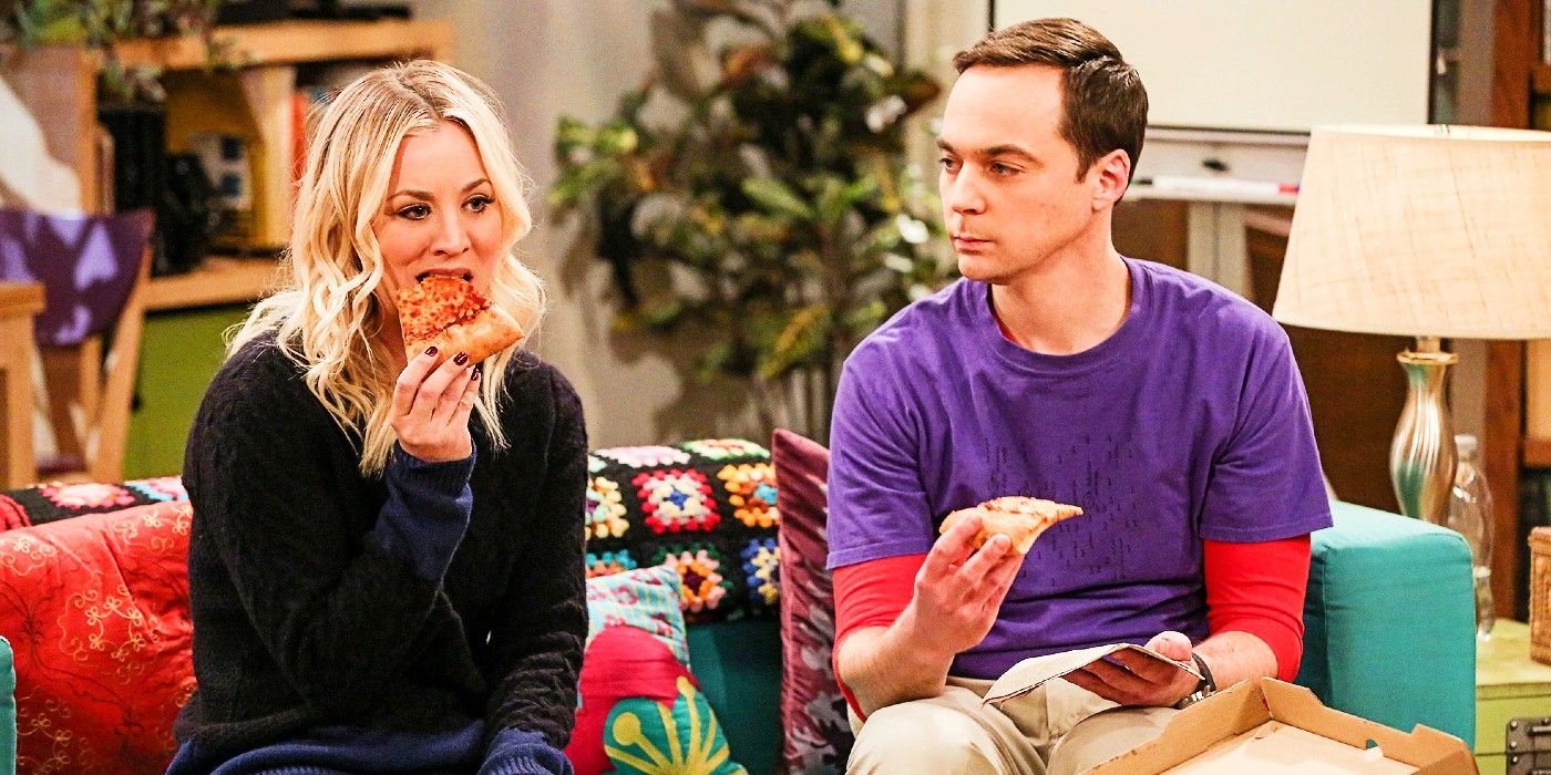 Sheldon and Penny eatonh pizza on The Big Bang Theory