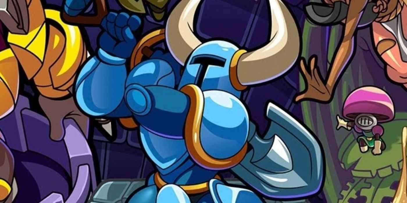 Shovel Knight With Other Characters in the background in Shovel Knight Dig