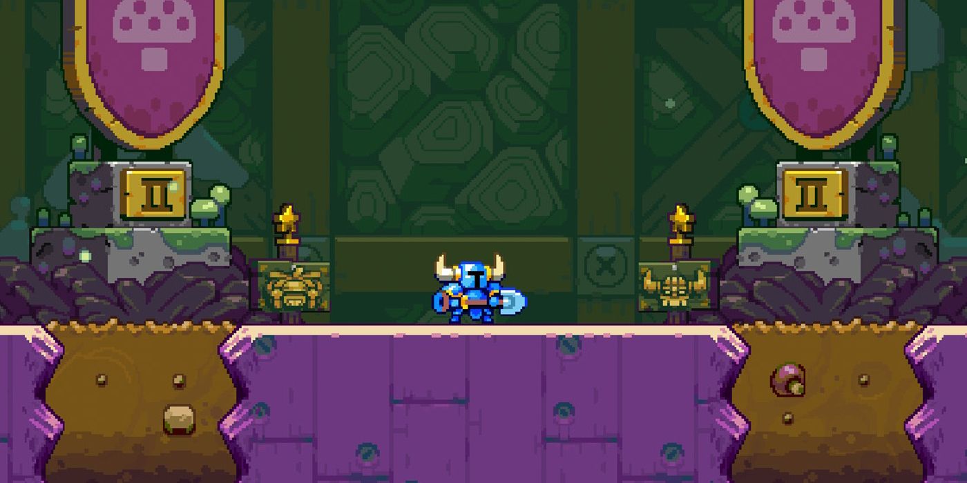 Shovel Knight standing between two path banners at the end of a stage in Shovel Knight Dig.