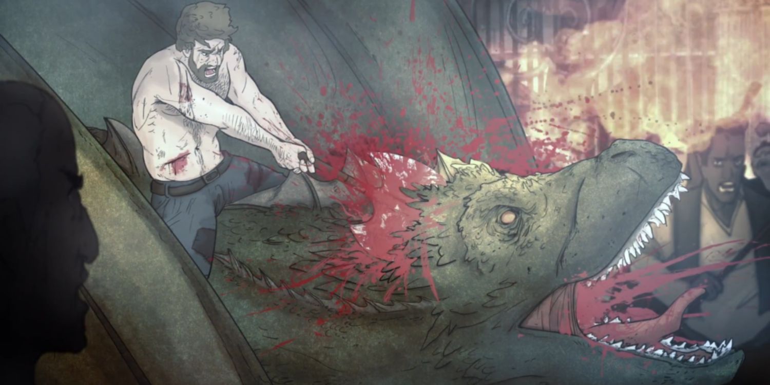 A morte de Shrykos, como retratado em Game of Thrones Histories & Lore