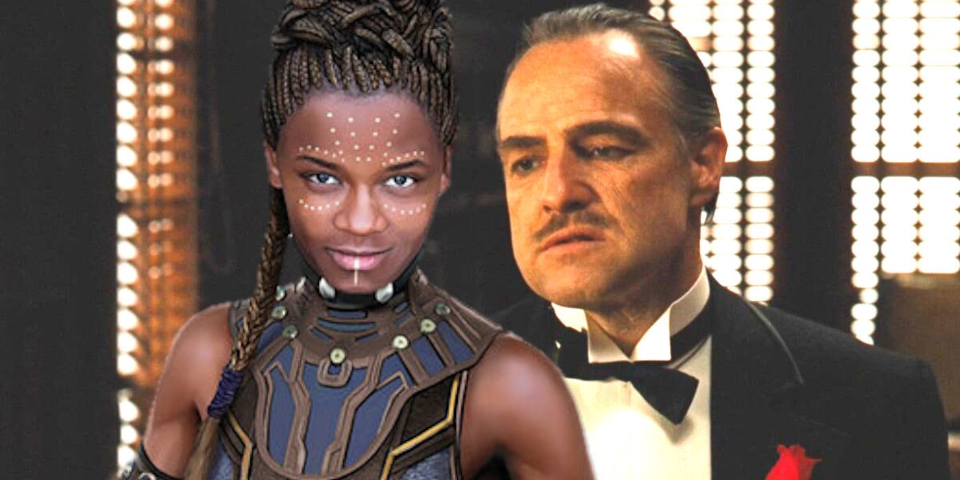 Shuri from Black Panther in costume and face paint backdropped by Marlon Brando in The Godfather in a tuxedo.
