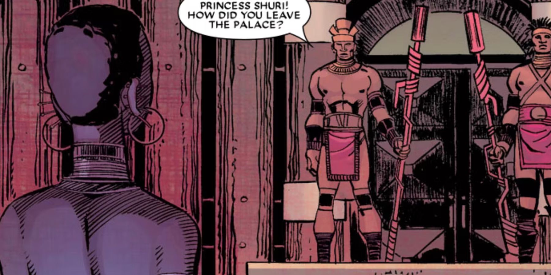 Shuri encontra guardas do palácio em quadrinhos do Pantera Negra em 2005