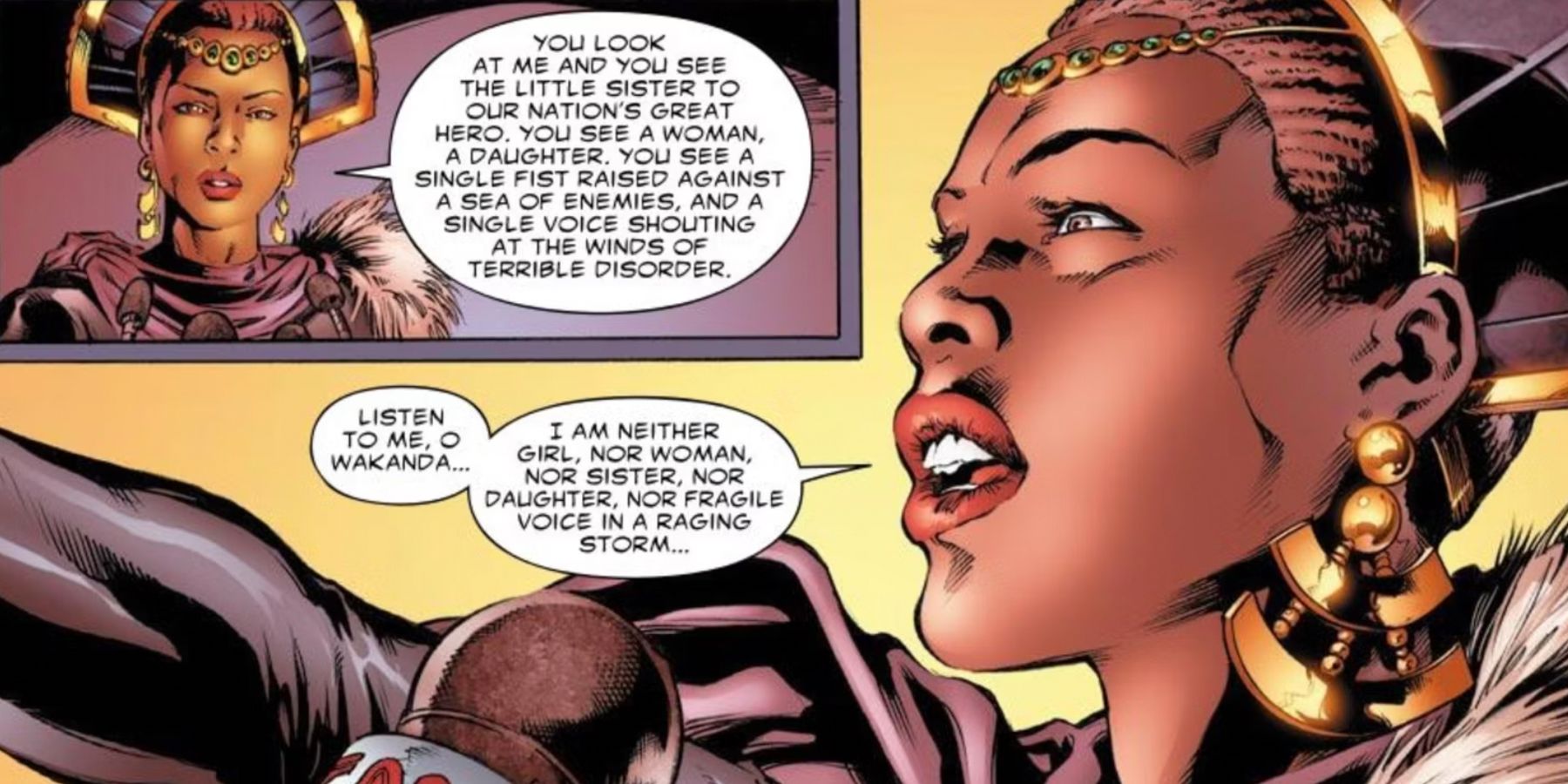 Shuri speaks into a microphone in Marvel Comics
