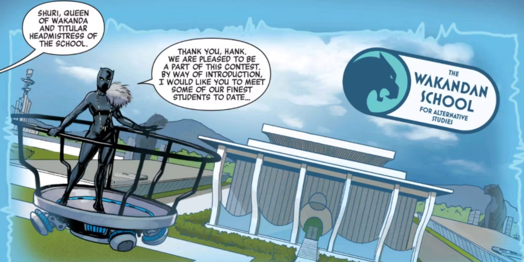 Shuri está em seu traje de Pantera Negra do lado de fora da Escola Wakanda