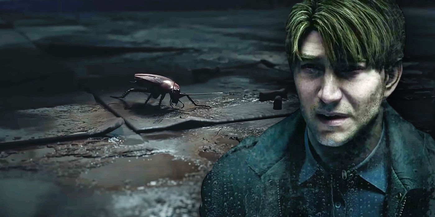 Image of the cockroach in the bathroom next to James Sunderland from the Silent Hill 2 remake trailer.