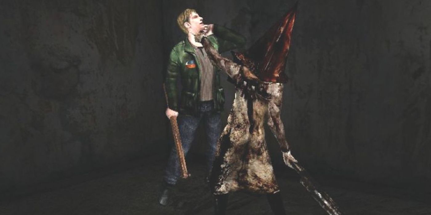 Image of James Sunderland from Silent Hill 2 being lifted up by Pyramid Head.