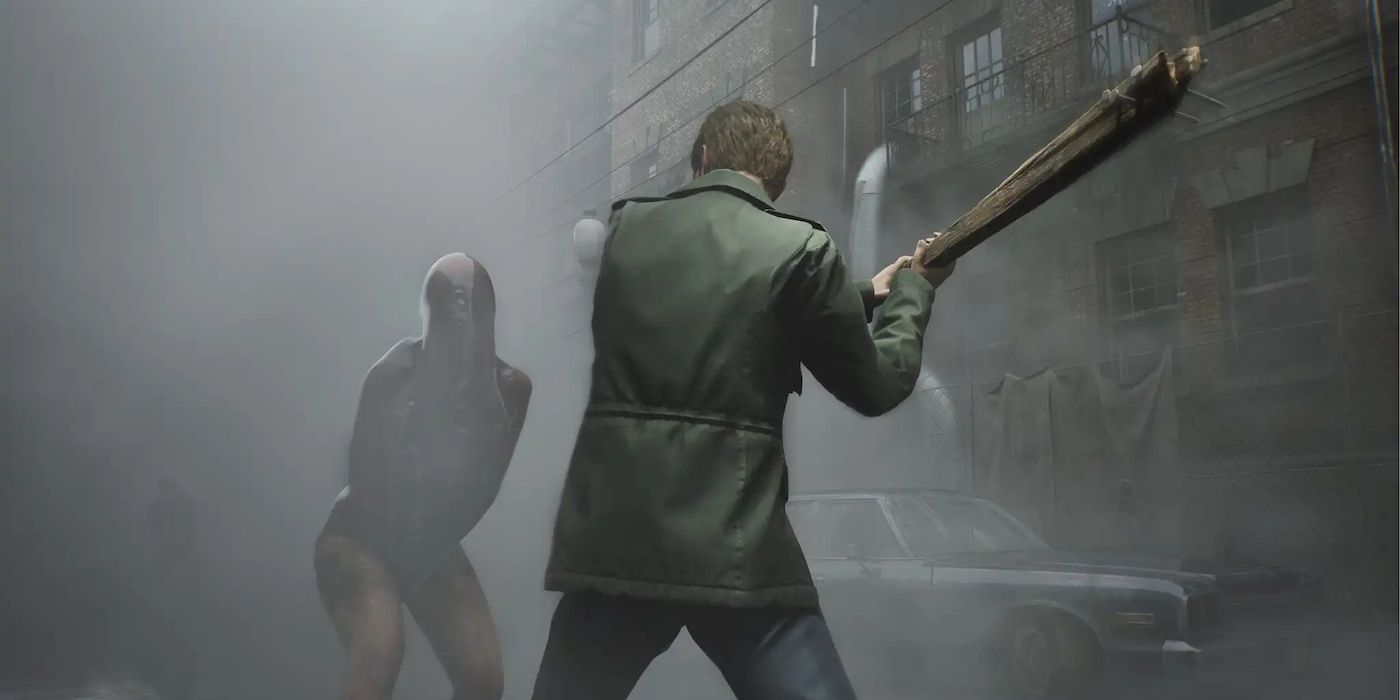 Silent Hill 2 protagonist James Sunderland swinging a club with nails in it at an enemy.