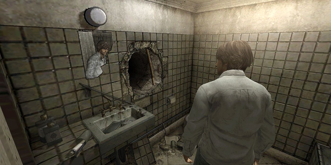 A screenshot from Silent Hill 4: The Room, showing a character looking into a hole in a wall.