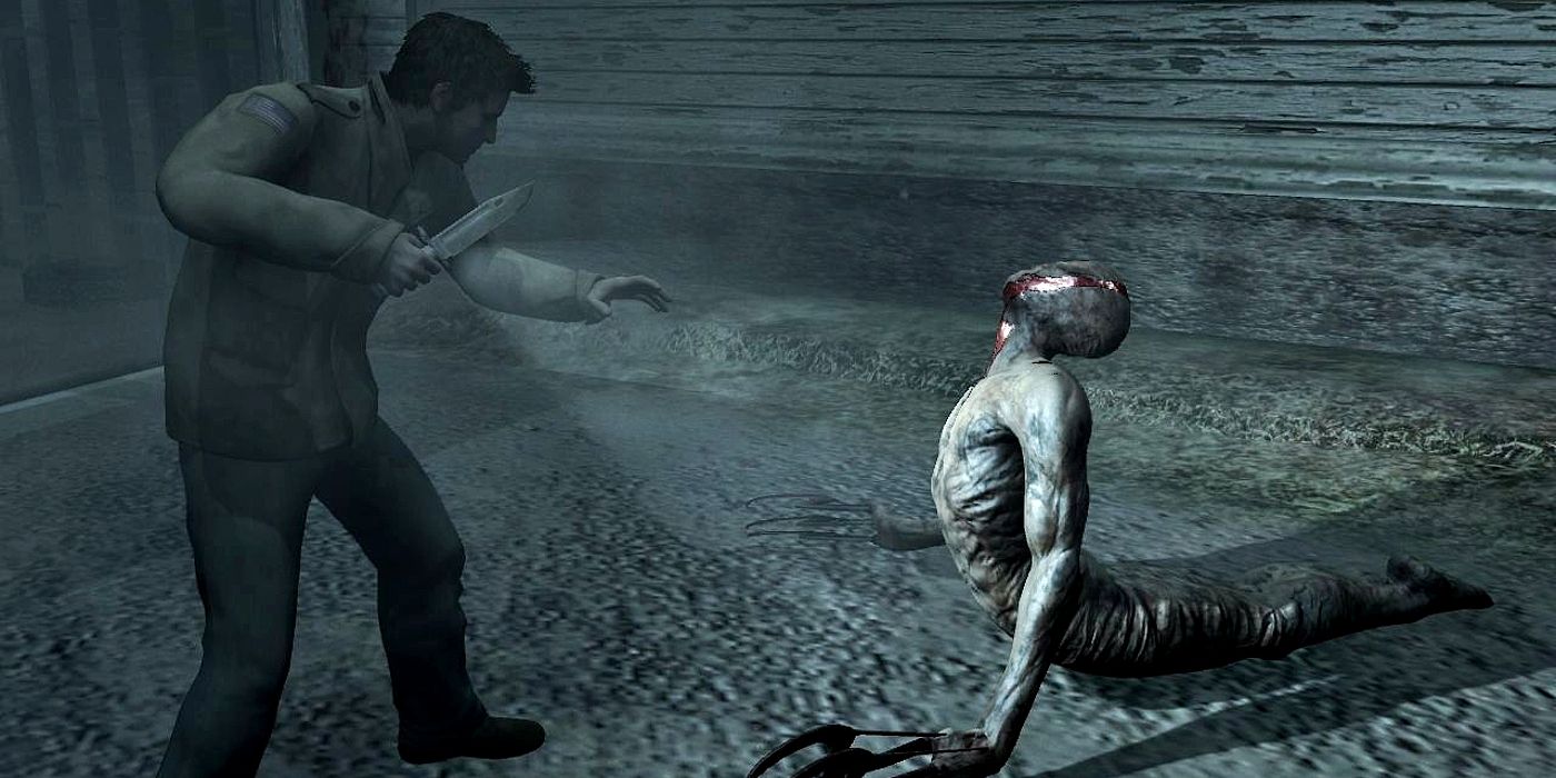Silent Hill: Homecoming's protagonist holding a knife as a monster approaches.