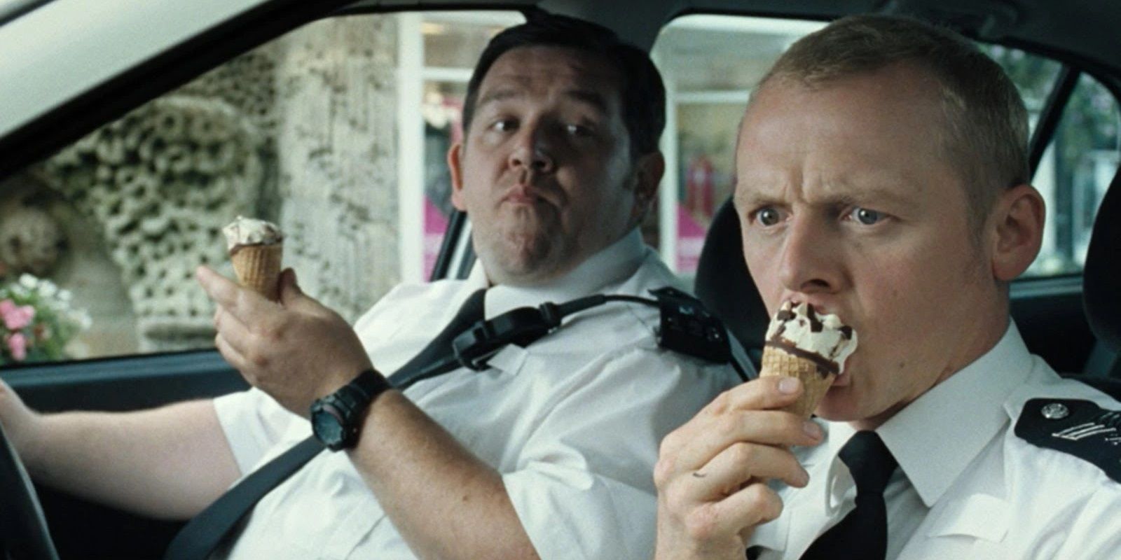 Simon Pegg and Nick Frost eating Cornettos in Hot Fuzz.