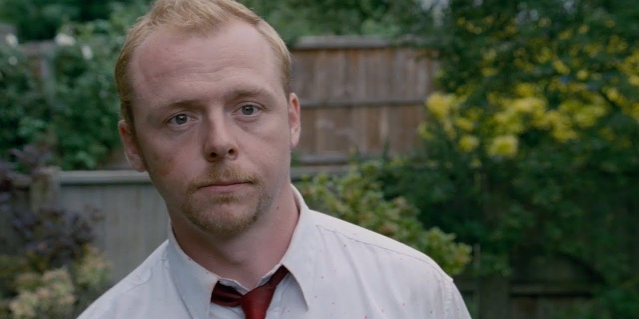 Simon Pegg dans un jardin dans Shaun of the Dead