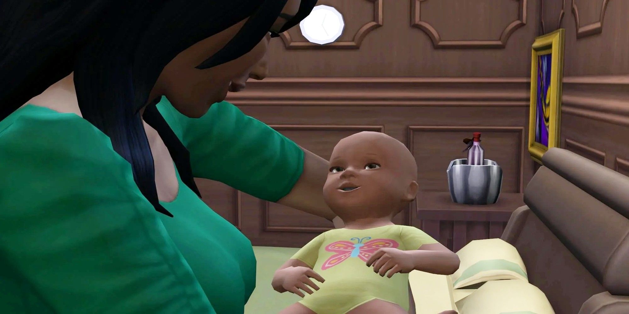 Sims 4 mother holding their baby.