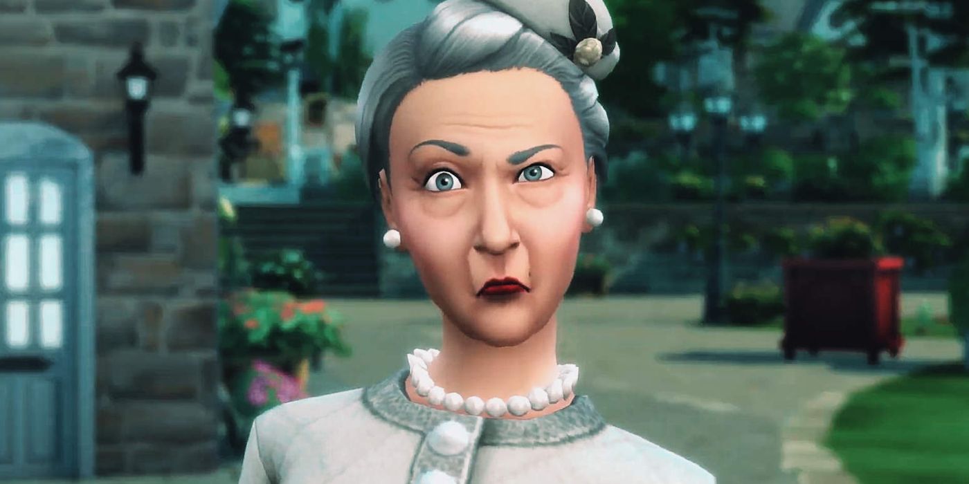 Elderly woman from the Sims 4's Cottage Living expansion. She has one eyebrow raised in confusion, looking directly at the camera.