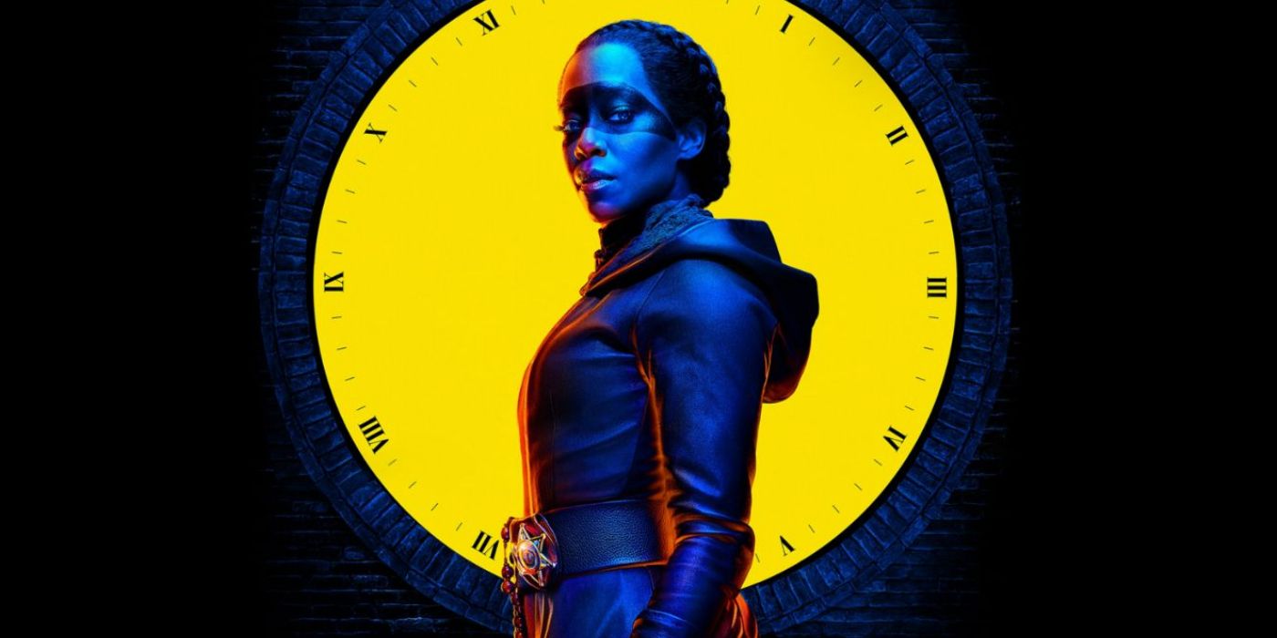 Sister Knight standing in front of a glowing yellow clock in Watchmen promo art.