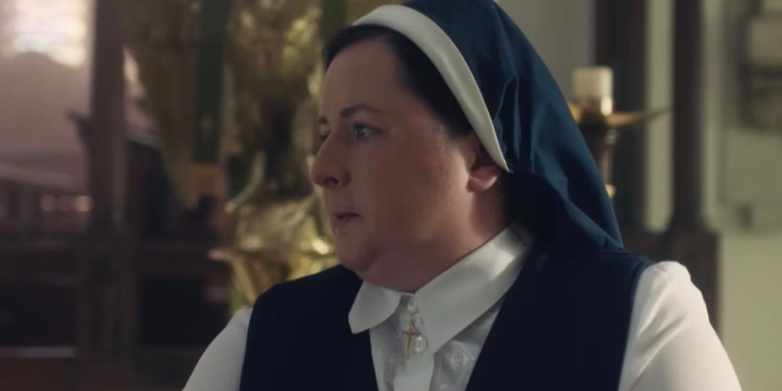 Sister Michael appears upset as she looks away in Derry Girls
