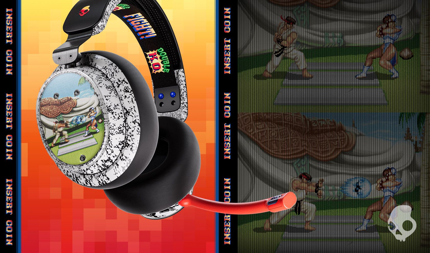O headset Skullcandy Street Fighter está cheio de nostalgia de Street Fighter 2, incluindo uma imagem de Ryu e ChunLi lutando na lateral do headset.