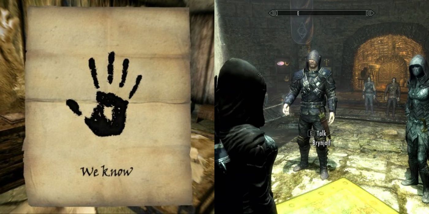 Split image of the Dark Brotherhood&rsquo;s letter and the player with the Thieves Guild.
