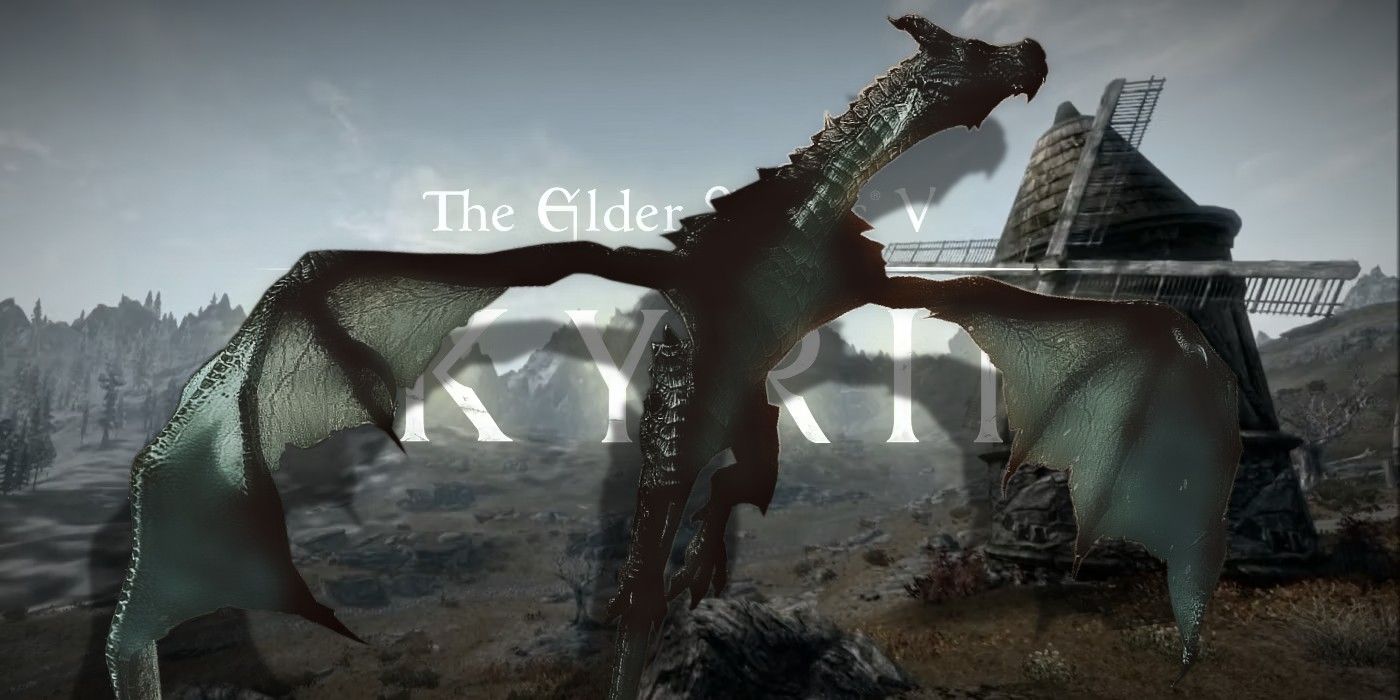 A dragon flies over a Skyrim landscape with the Elder Scrolls 5: Skyrim logo in the background.
