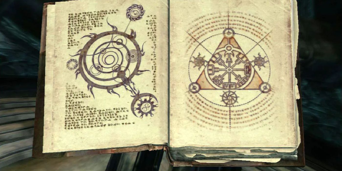The Oghma Infinium book being opened in Skyrim.