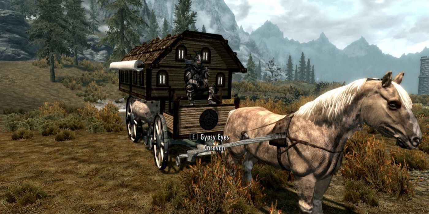 Image of one of Skyrim&rsquo;s horse-drawn carriages.
