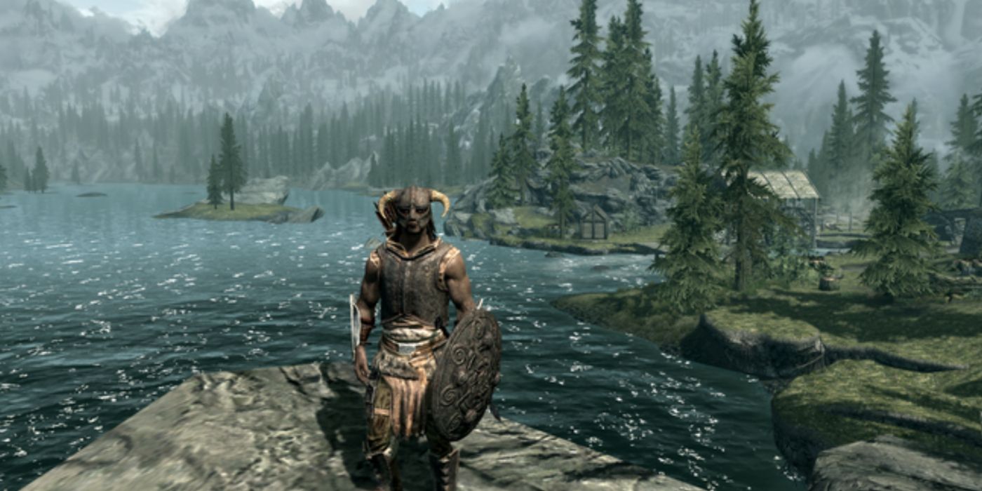 The Dragonborn standing on a rock in Skyrim's open world with a lake and town in the background.