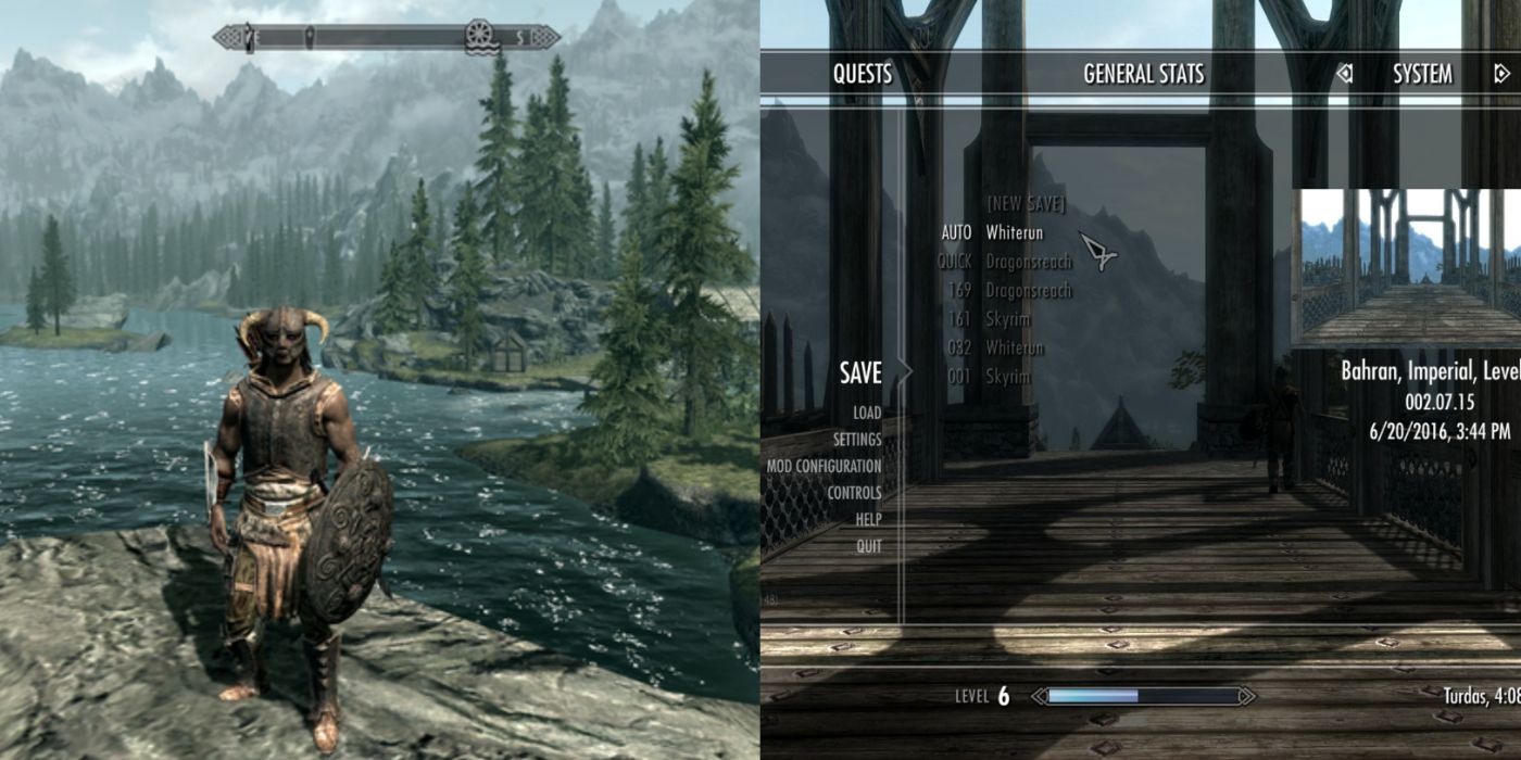 Split image of the player in Skyrim's open world and in the save menu.