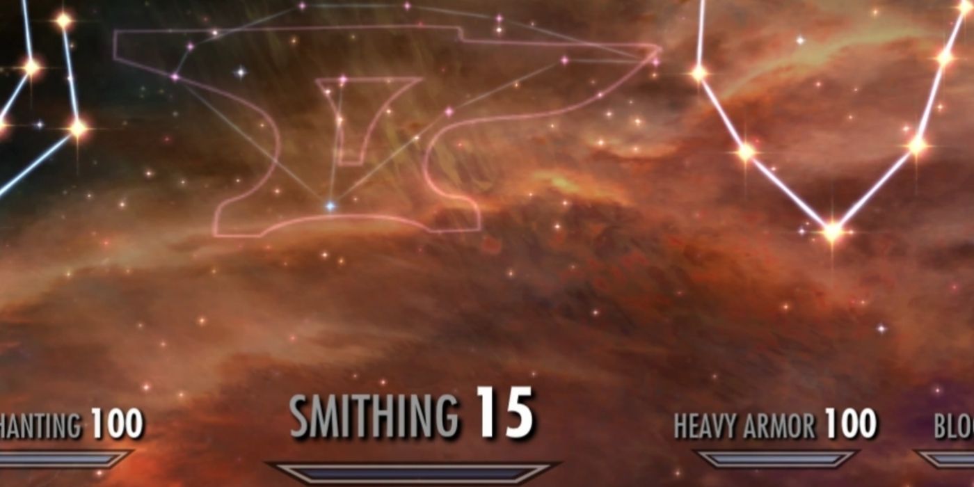 Screenshot of the skill tree in The Elder Scrolls V: Skyrim.